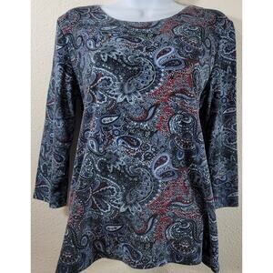 Rebecca Malone Blue Burgundy Paisley Print Pull On Top Small Lightweight Soft